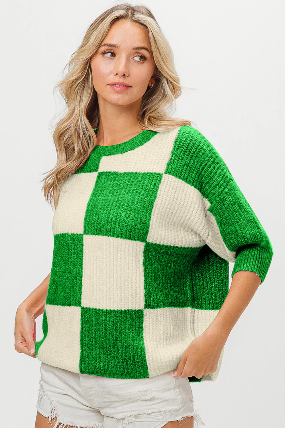 Checkered Pattern Sweater - Jade Green