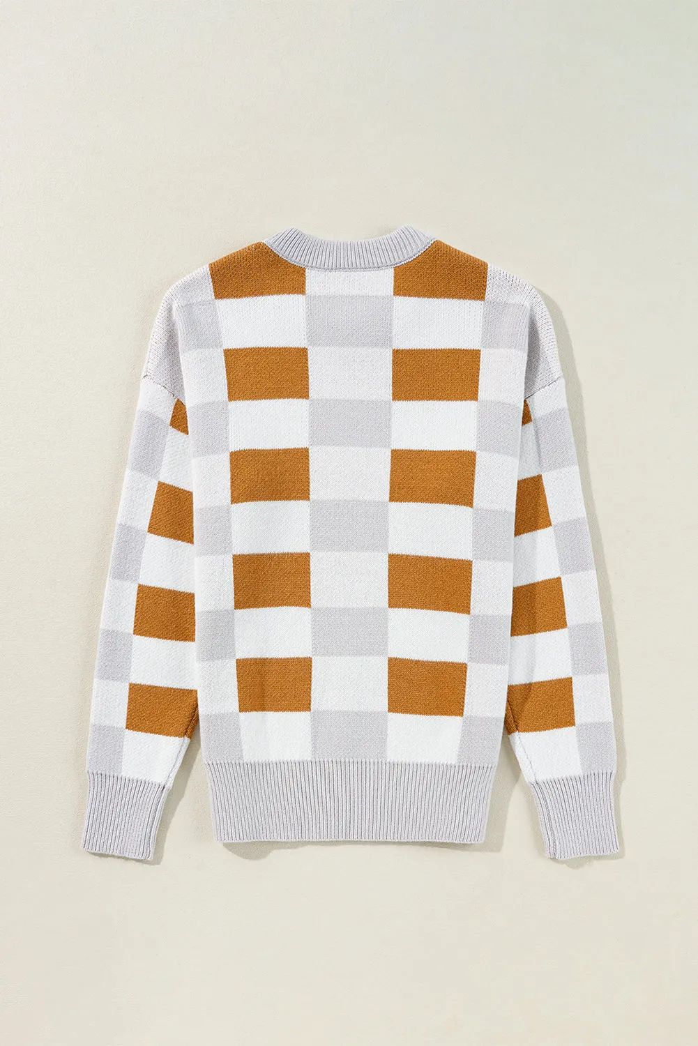 Checkered Ribbed Edge O Neck Drop Shoulder Sweater