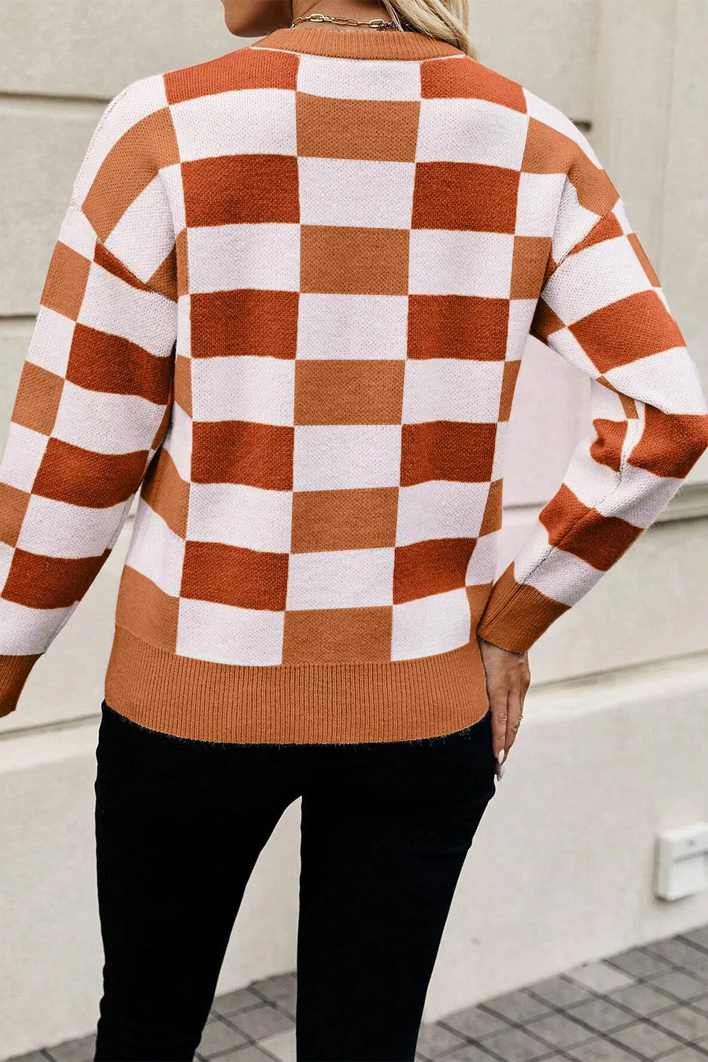 Checkered Ribbed Edge O Neck Drop Shoulder Sweater