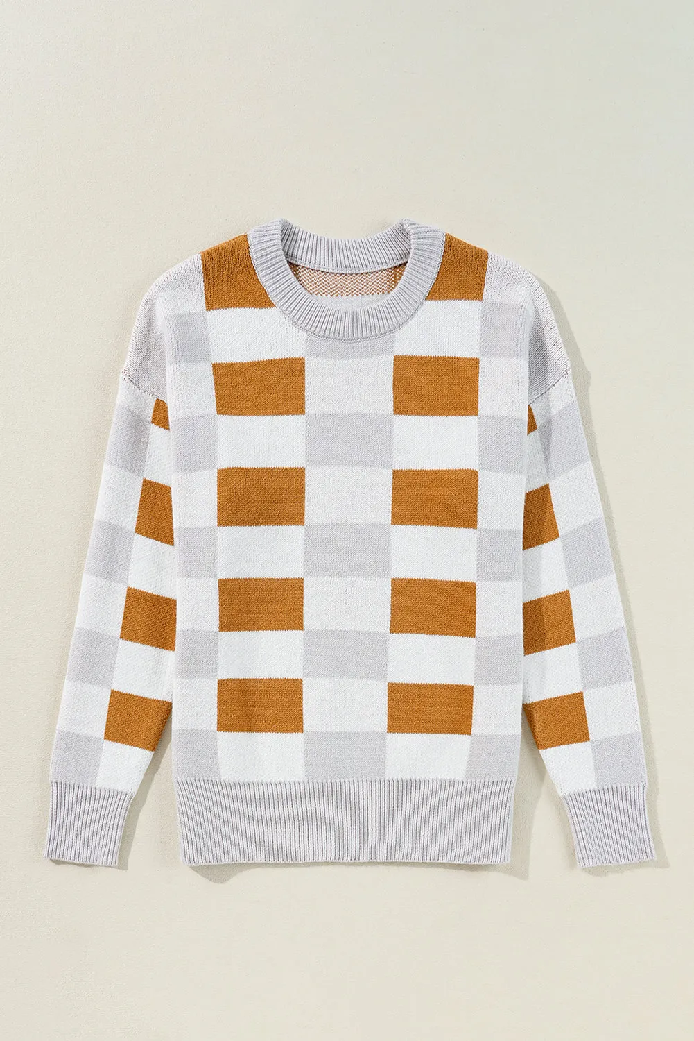 Checkered Ribbed Edge O Neck Drop Shoulder Sweater