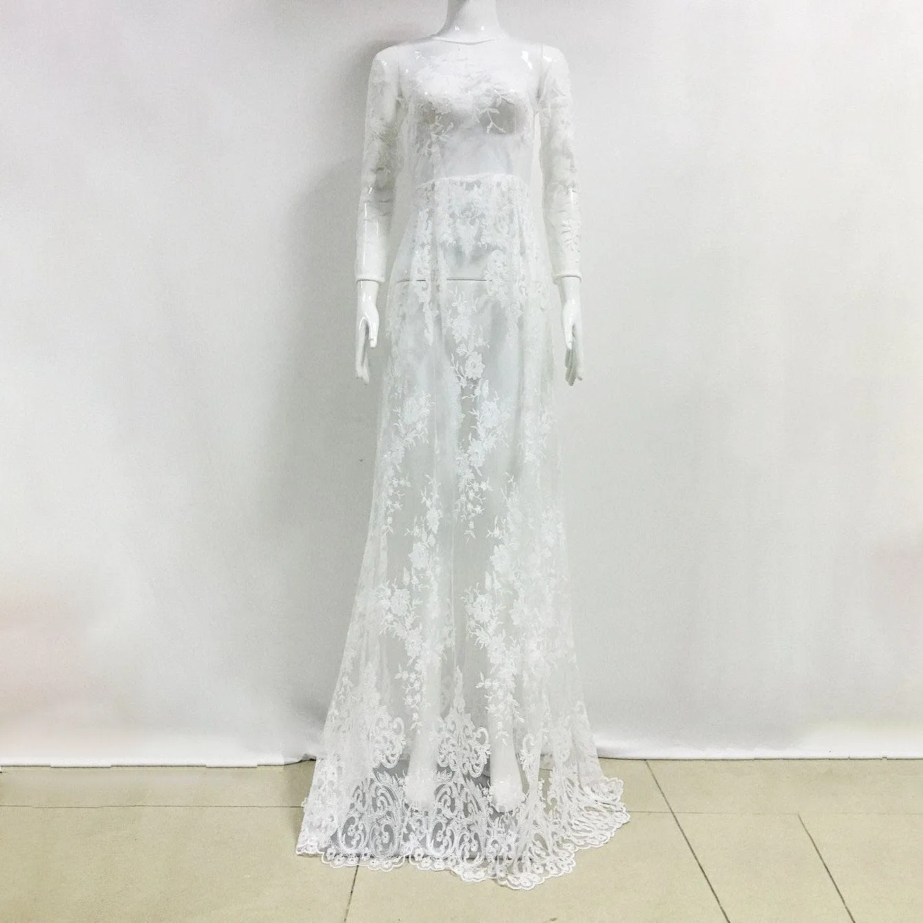 Clearance Sexy White See-Through Embroidery Long Party Wedding Dress