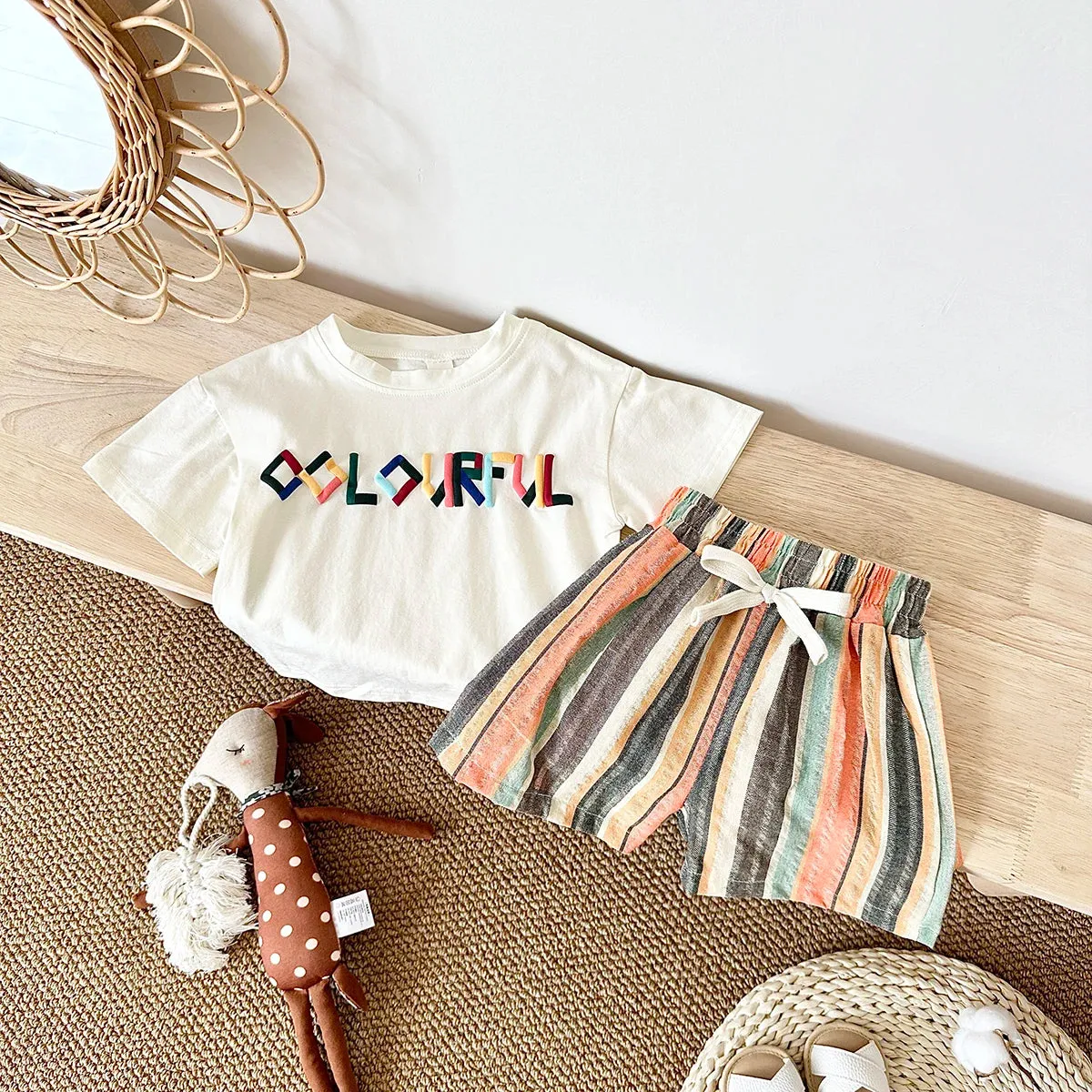 'COLORFUL' Tee & Striped Shorts Set