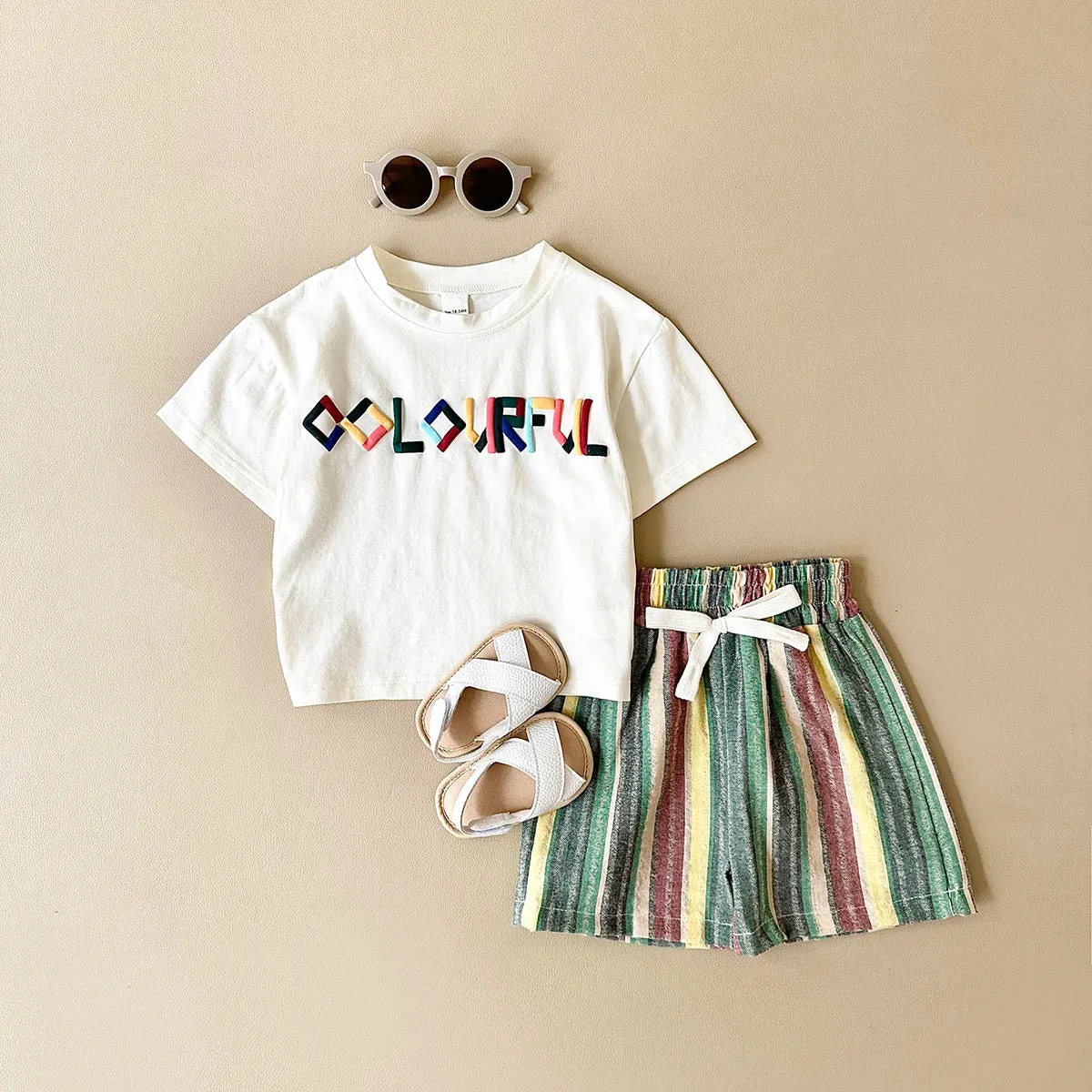 'COLORFUL' Tee & Striped Shorts Set