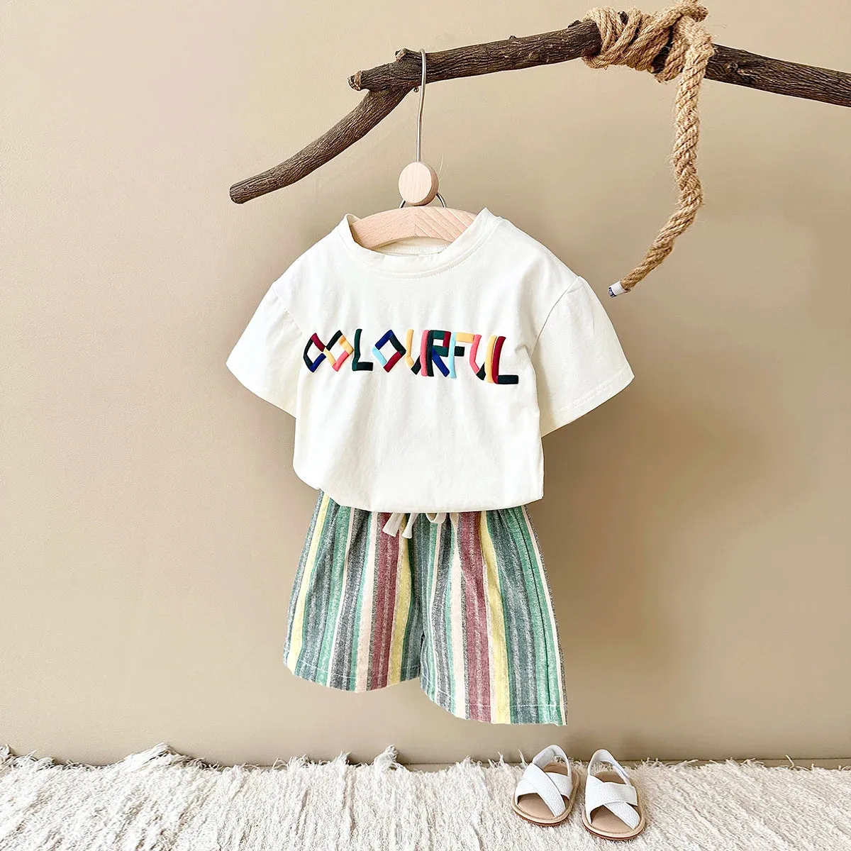 'COLORFUL' Tee & Striped Shorts Set