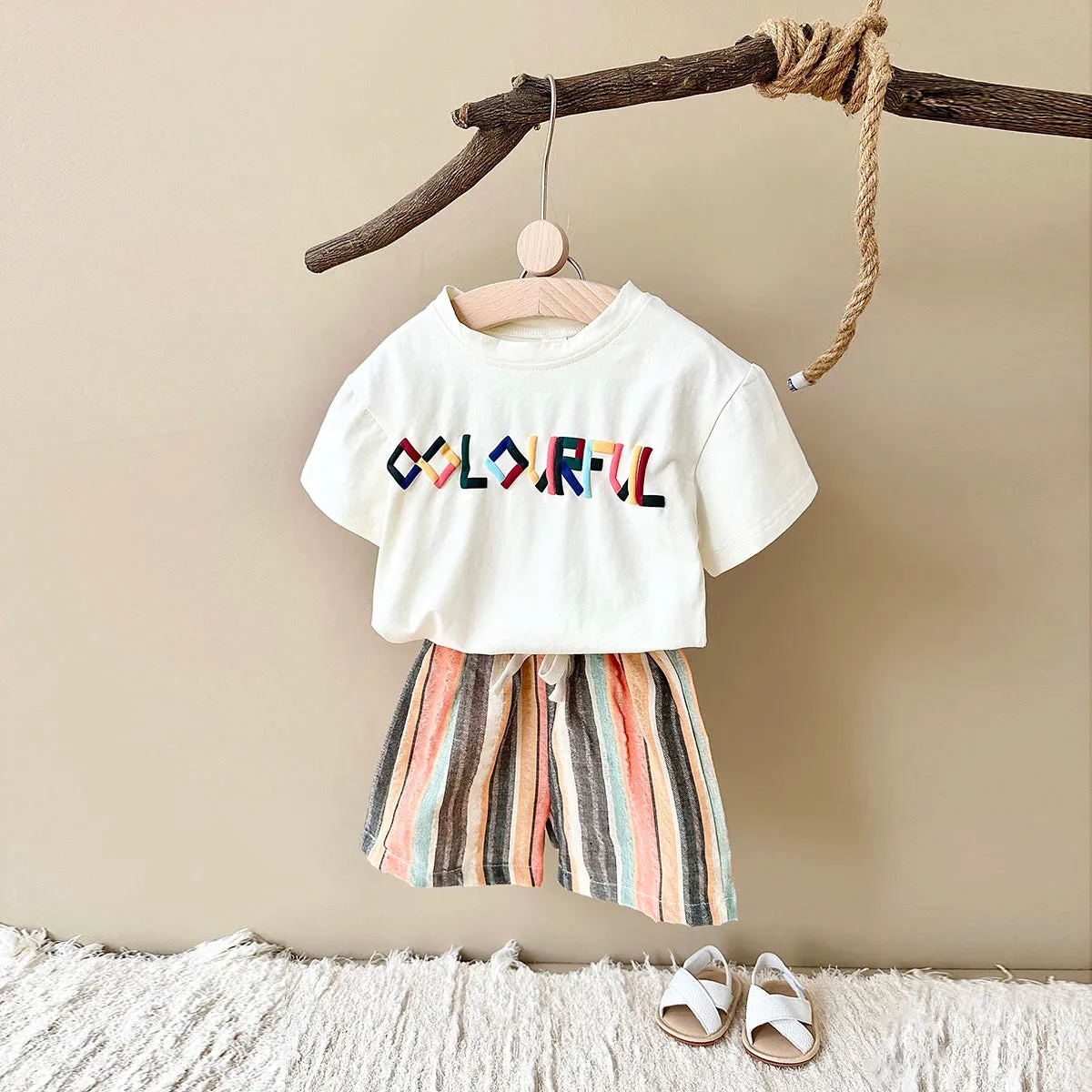 'COLORFUL' Tee & Striped Shorts Set