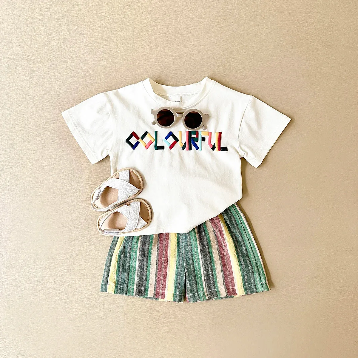 'COLORFUL' Tee & Striped Shorts Set