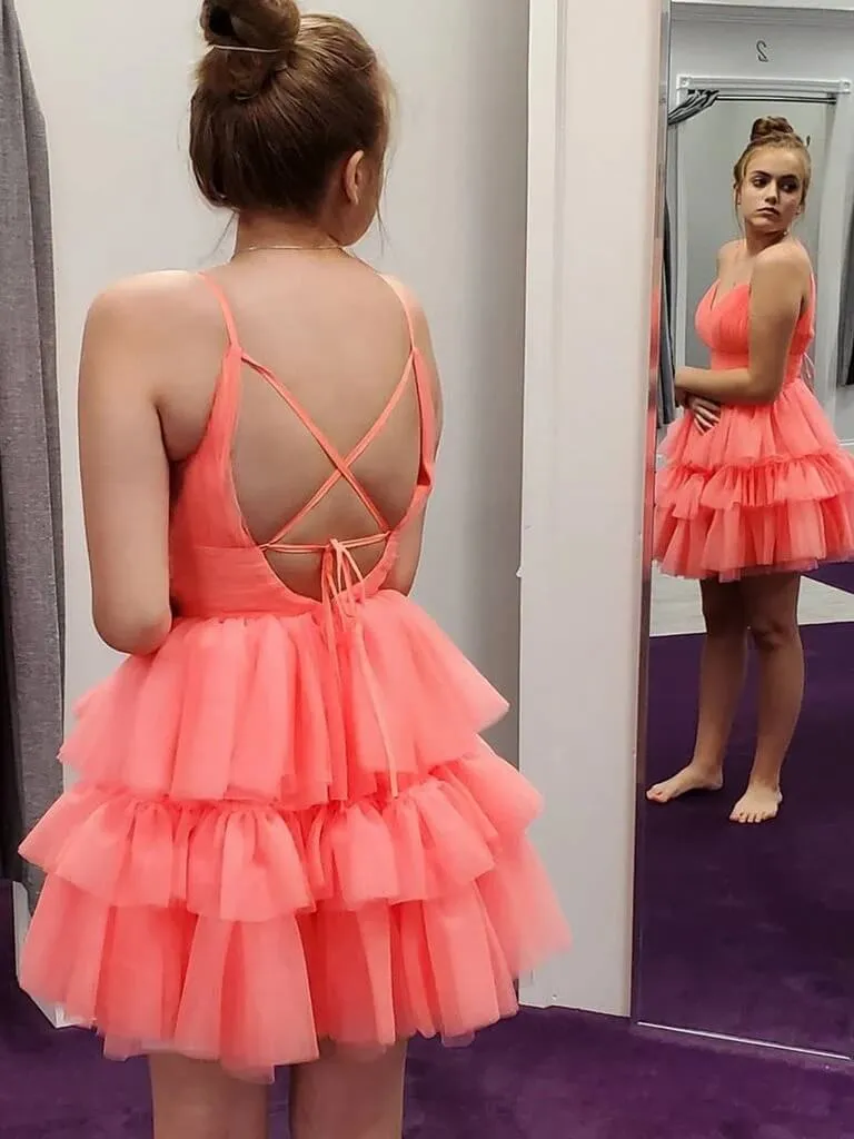 Coral A-line Spaghetti Straps Lace Up Tiered Short Homecoming Dresses, SH593