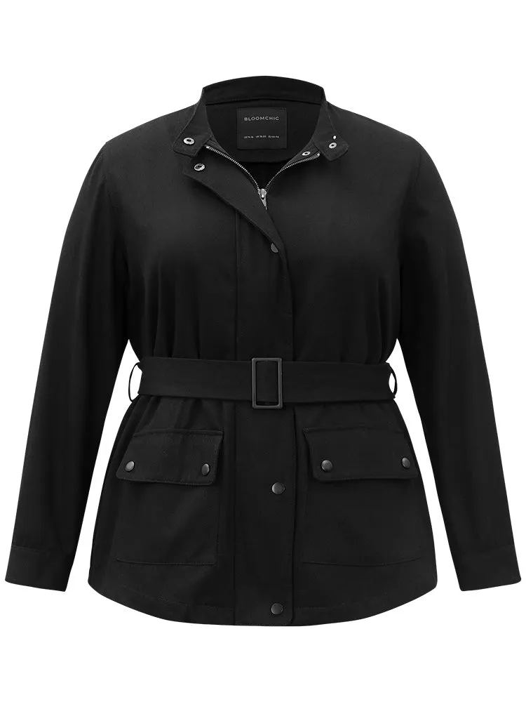 Cotton Solid Belted Flap Pocket Coat