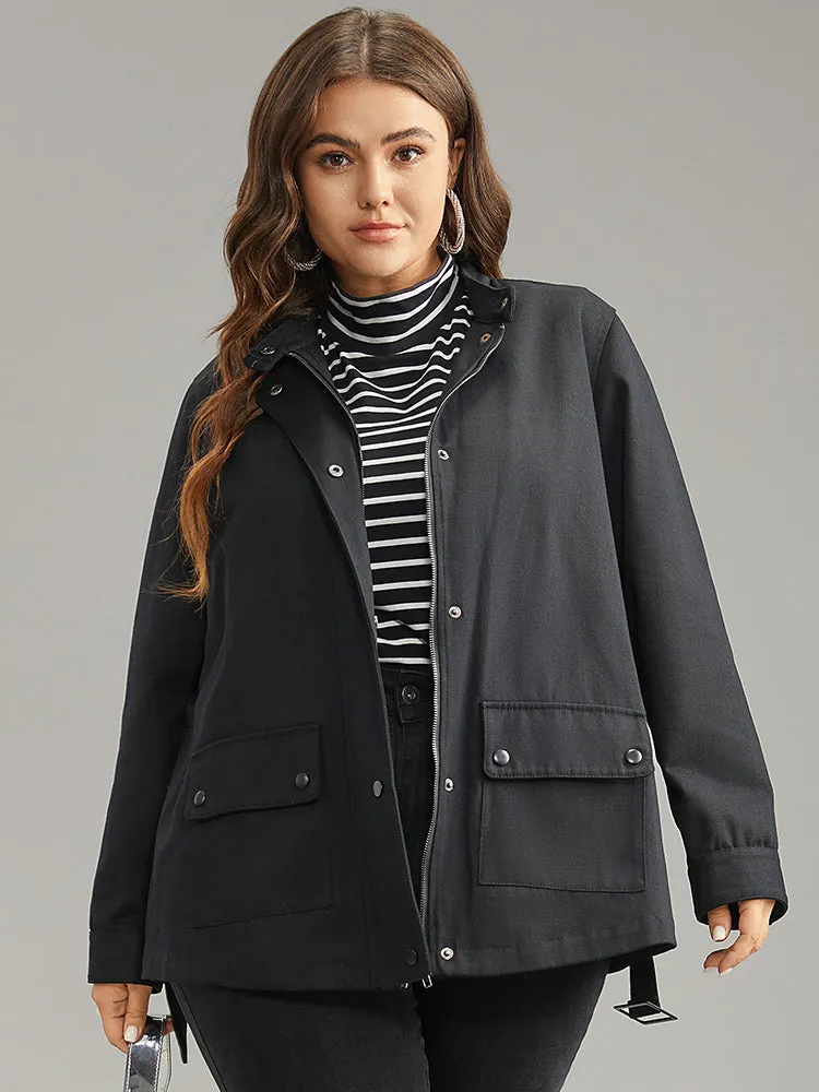 Cotton Solid Belted Flap Pocket Coat