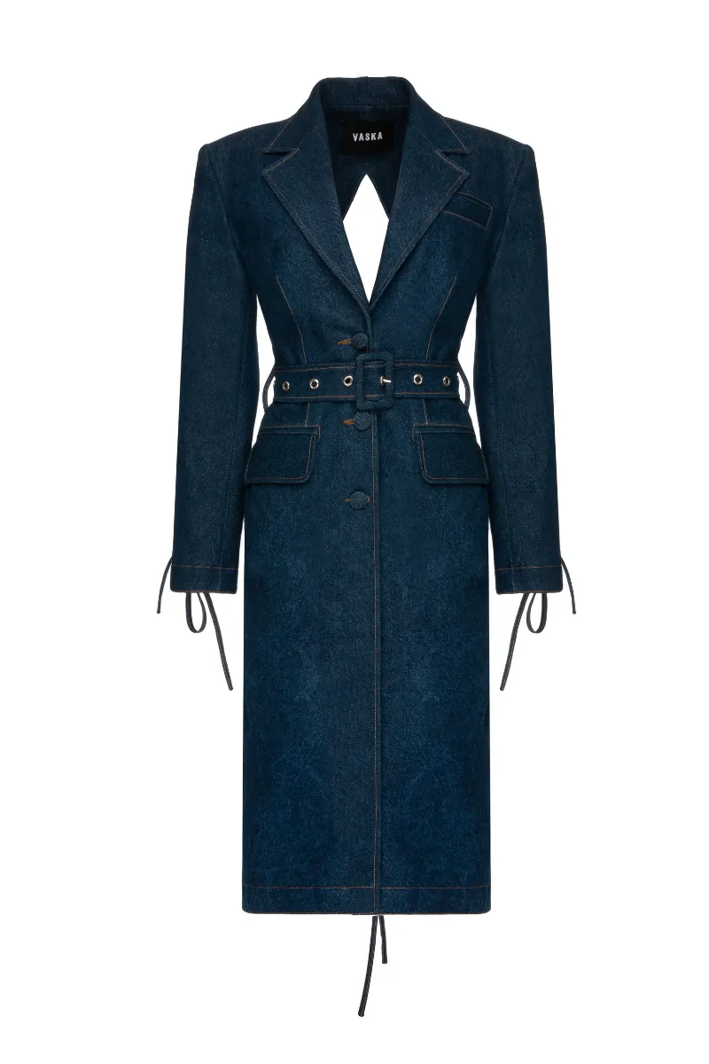 CUT OUT BELTED DENIM COAT