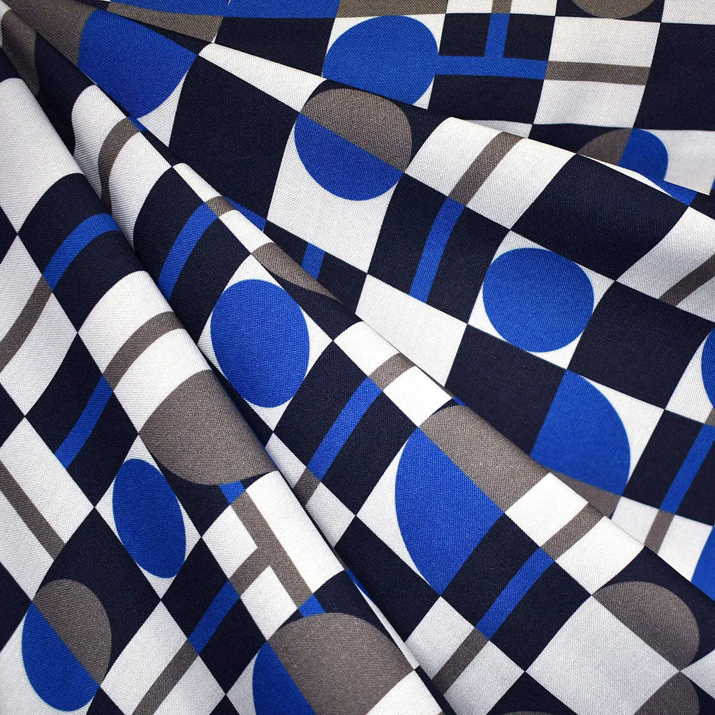 Designer Checkered Geometric Rayon Challis Royal/Navy