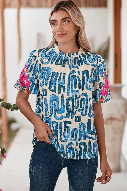 Embroidered Puff Sleeve Frilled Neck Printed Top