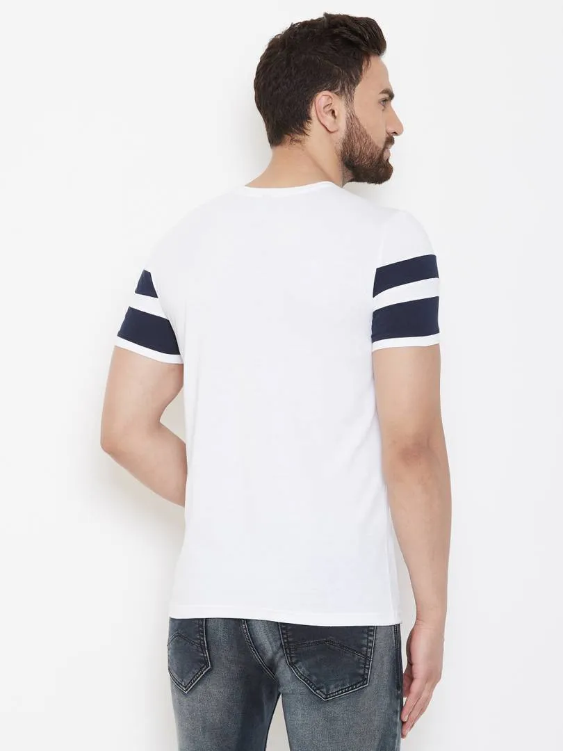 Fashionable White Cotton Striped Round Neck Tees