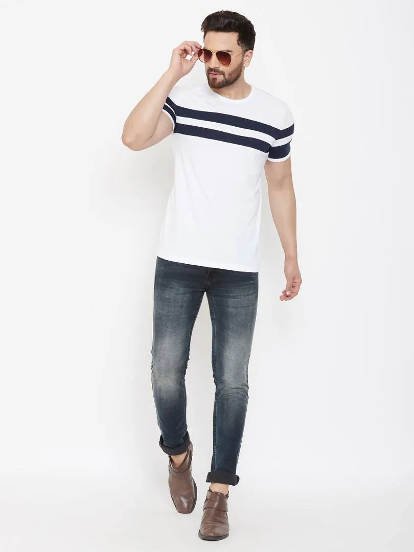 Fashionable White Cotton Striped Round Neck Tees