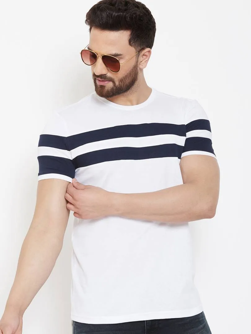 Fashionable White Cotton Striped Round Neck Tees