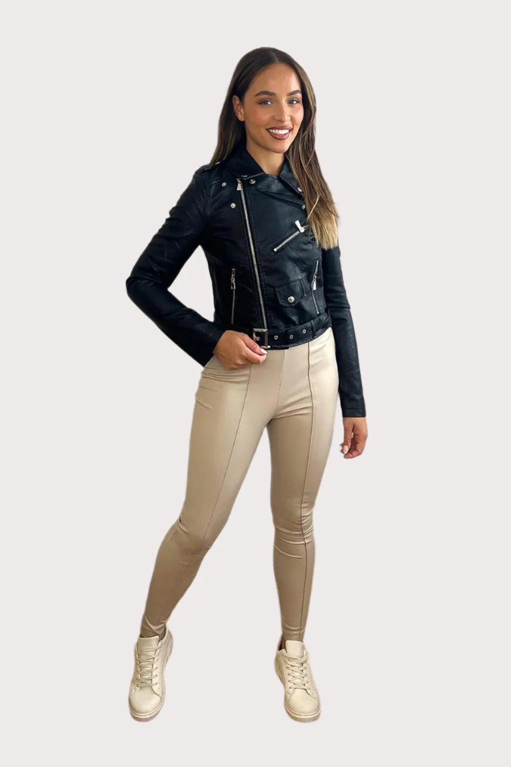 Faux Leather Asymmetric Zip Buckle Belt Biker Jacket