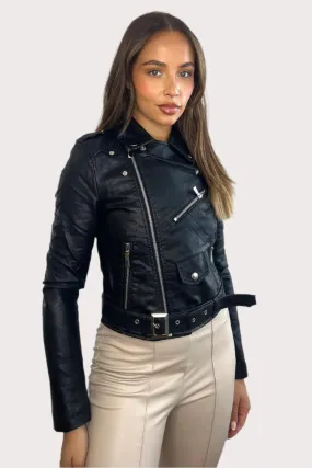 Faux Leather Asymmetric Zip Buckle Belt Biker Jacket