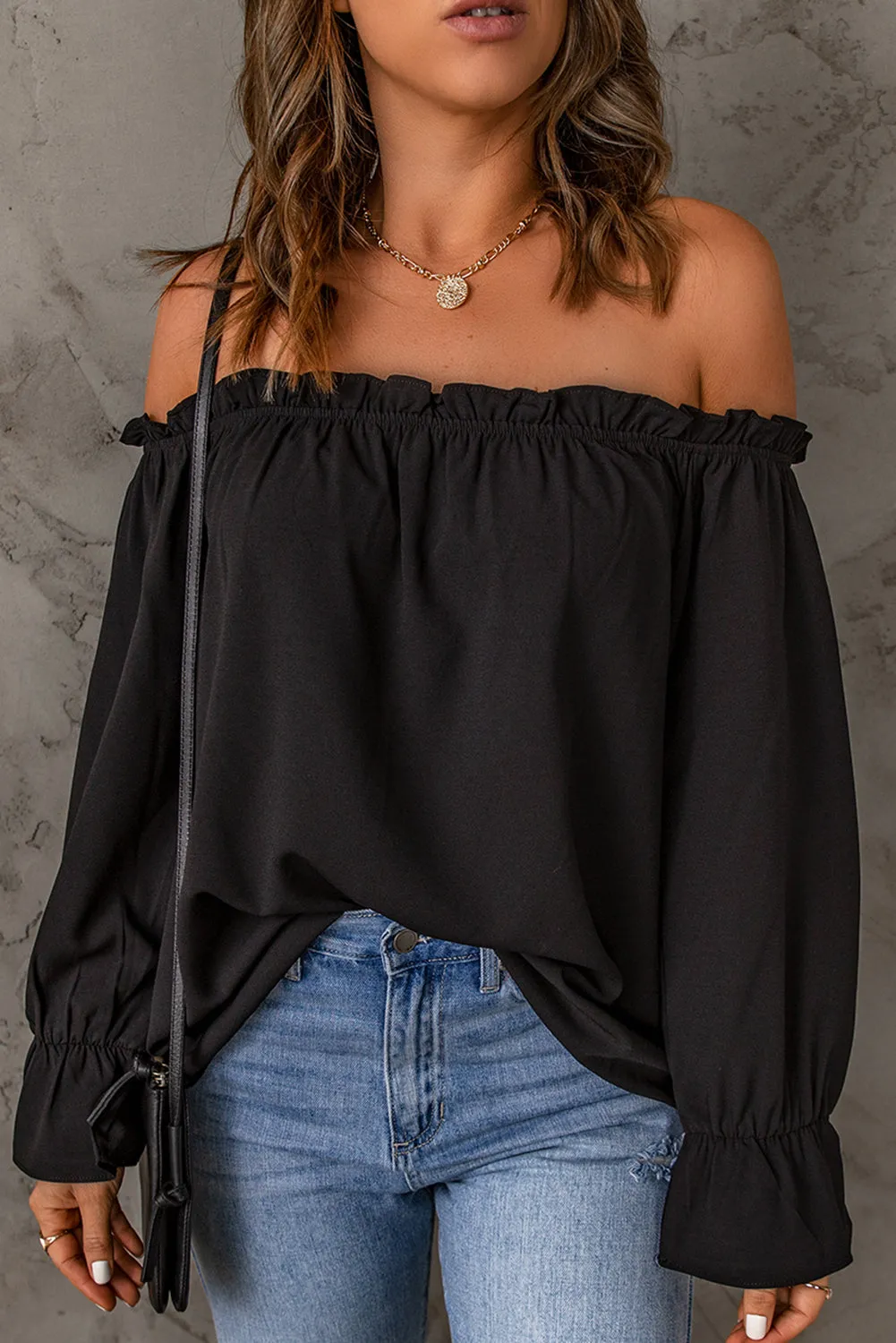 Frilled Off-shoulder Neckline Loose Blouse