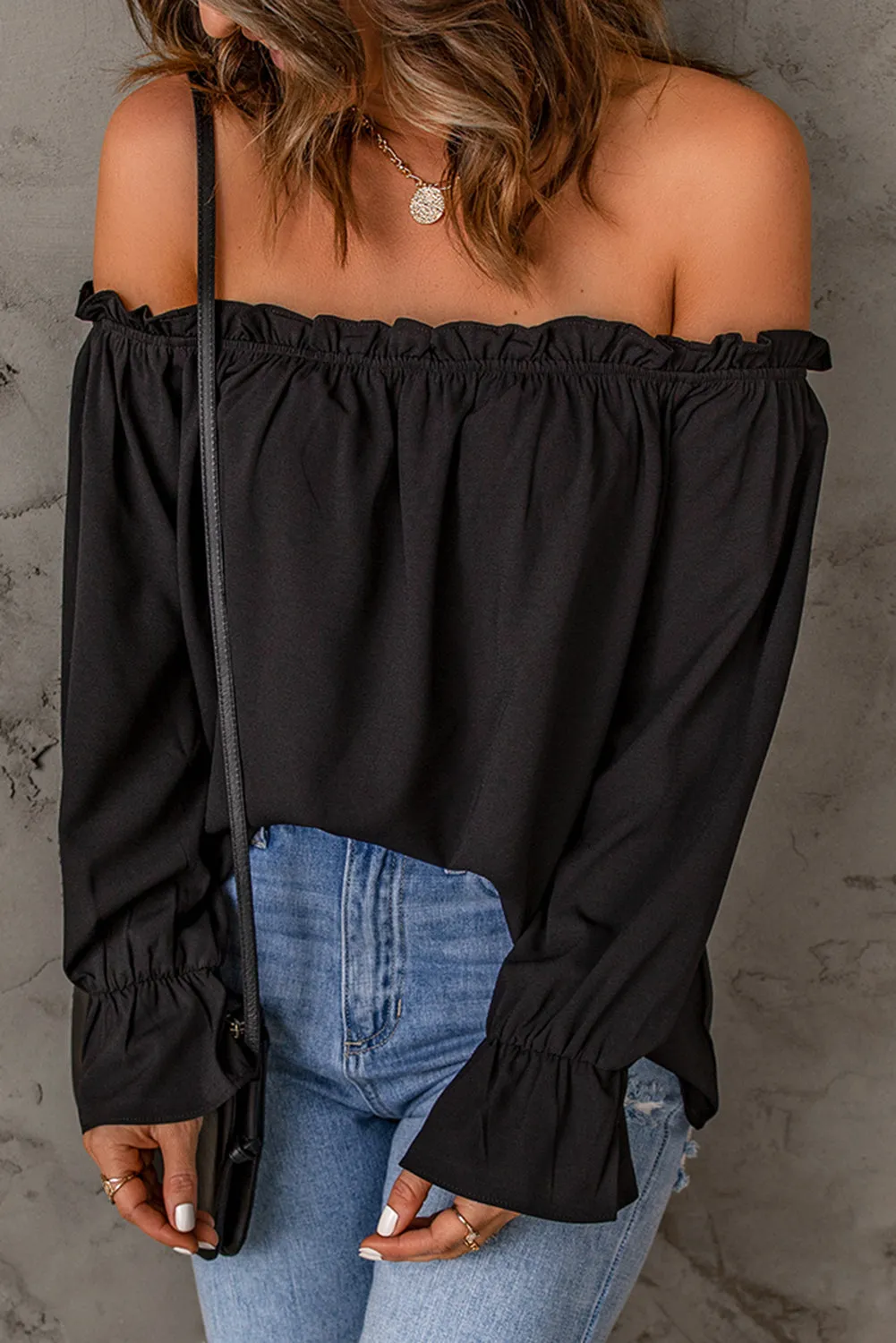 Frilled Off-shoulder Neckline Loose Blouse