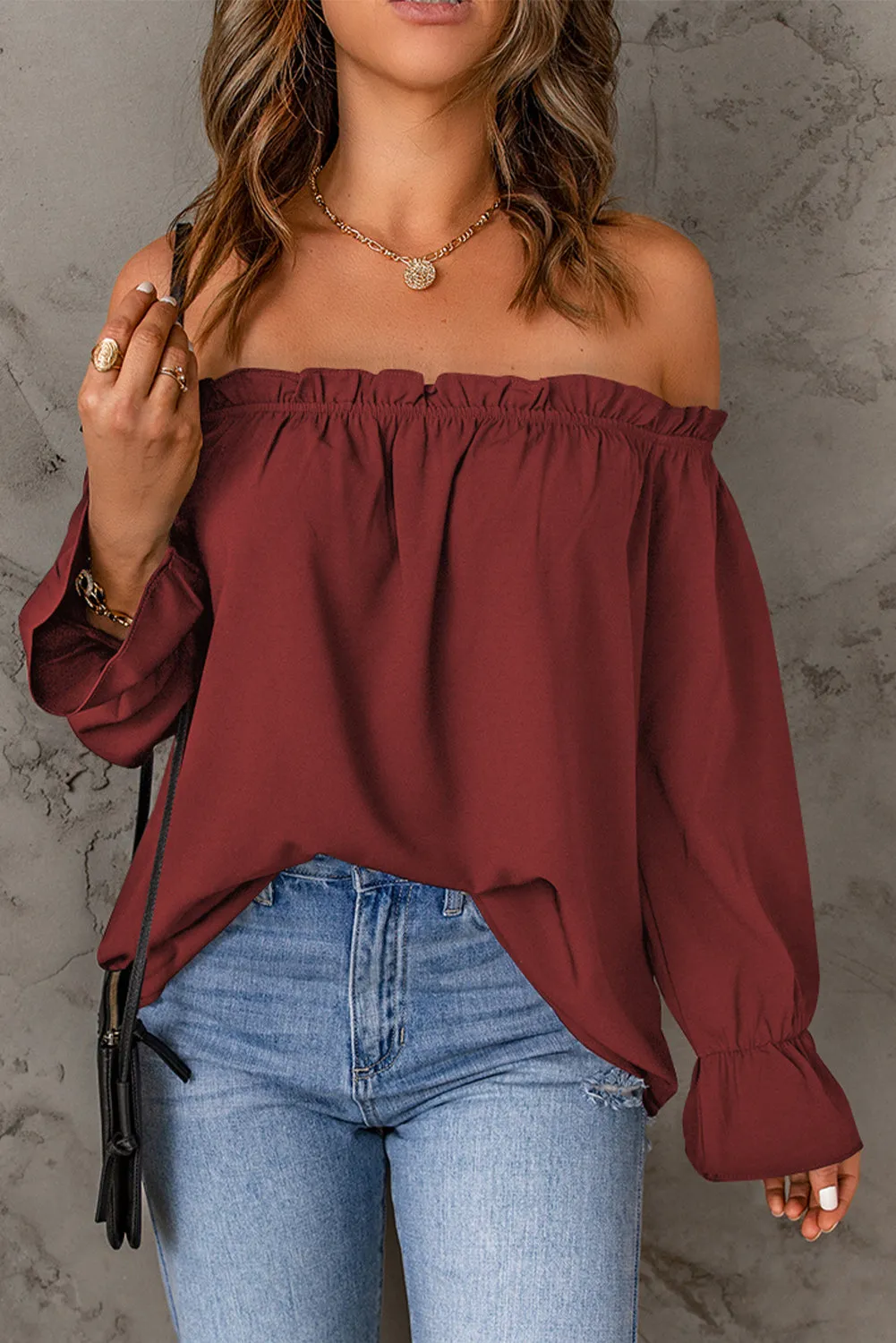 Frilled Off-shoulder Neckline Loose Blouse