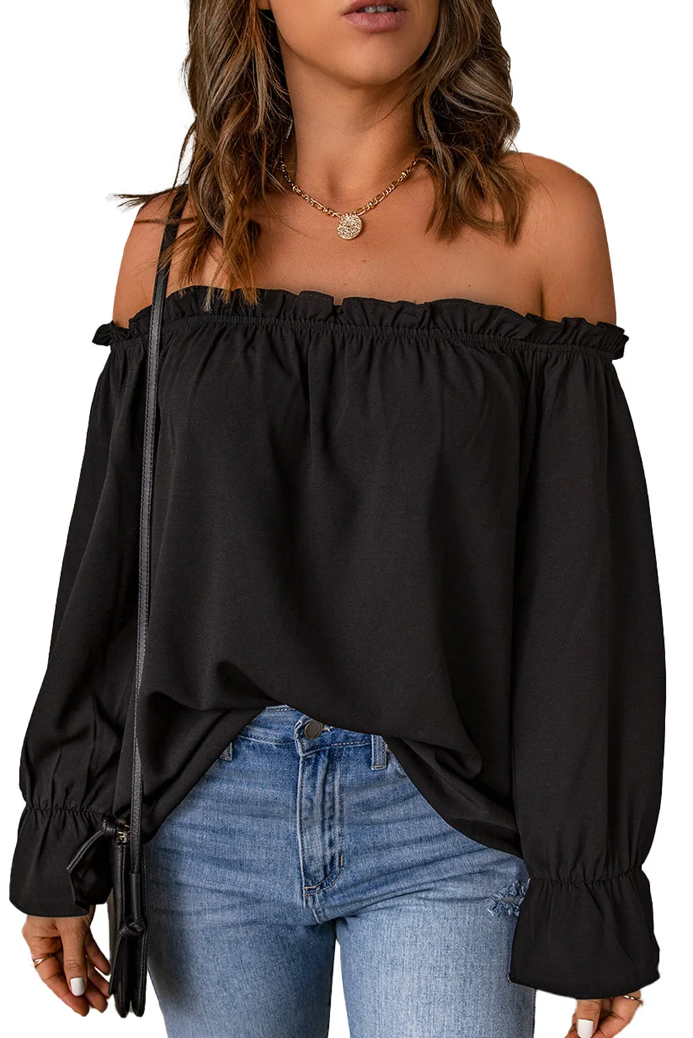 Frilled Off-shoulder Neckline Loose Blouse