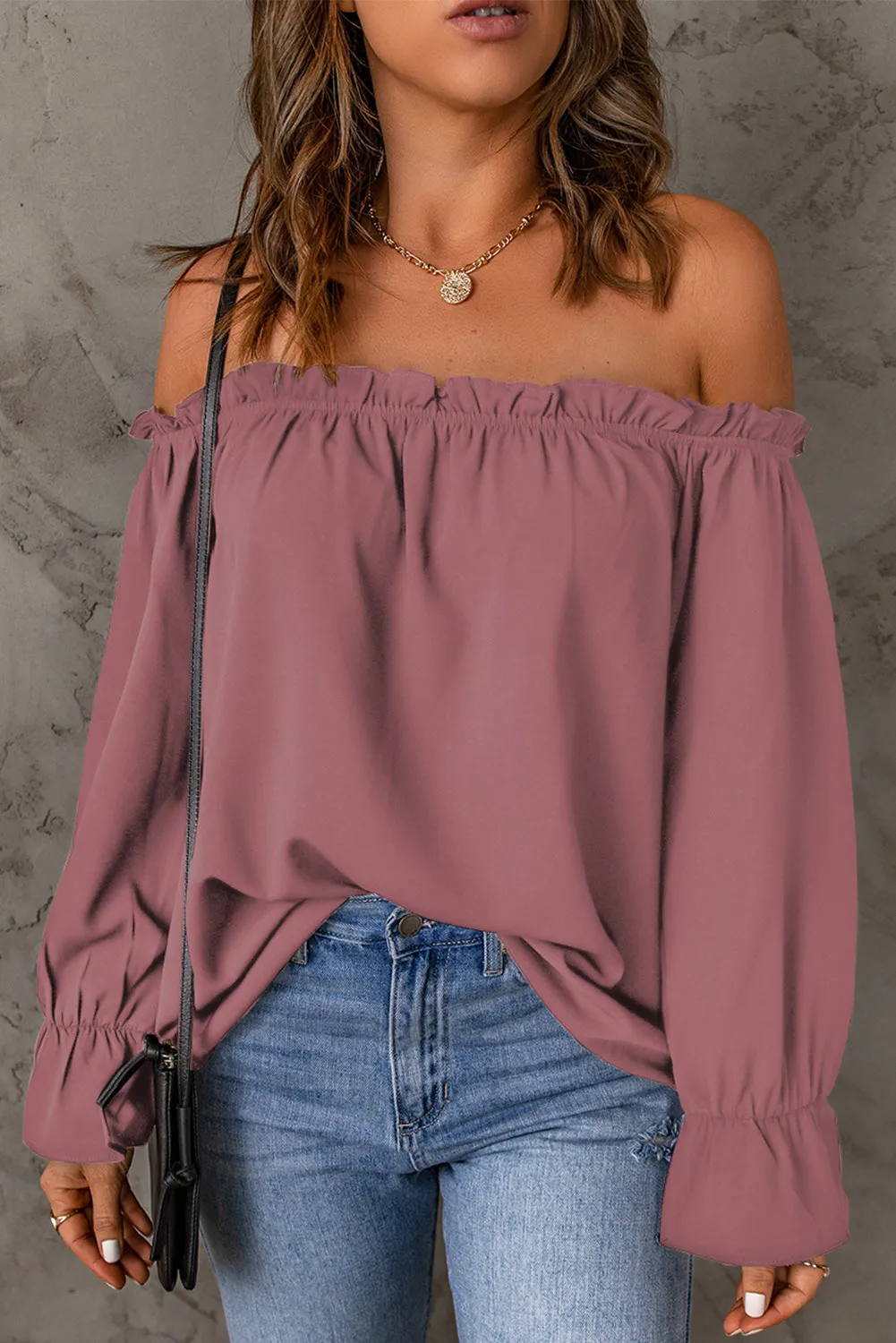 Frilled Off-shoulder Neckline Loose Blouse