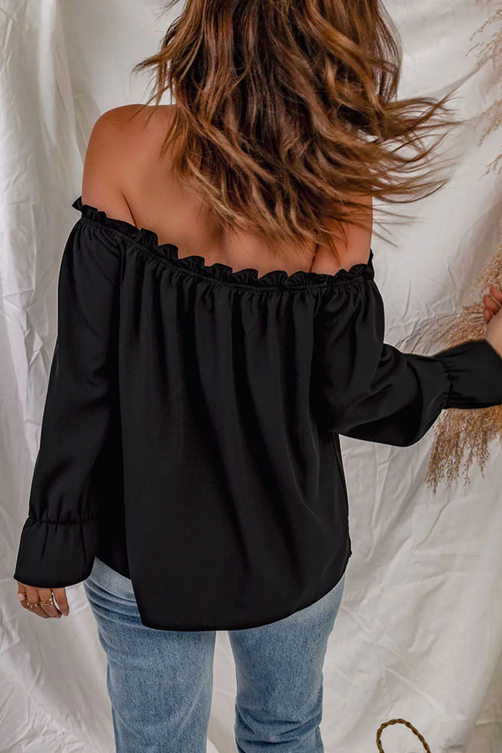 Frilled Off-shoulder Neckline Loose Blouse