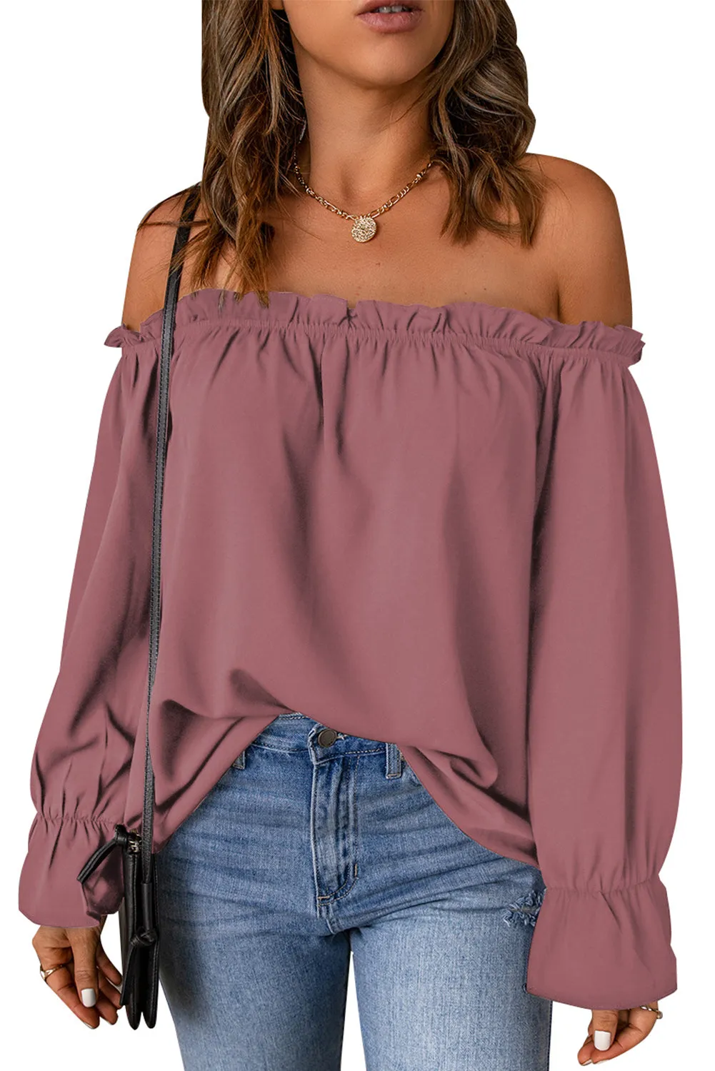 Frilled Off-shoulder Neckline Loose Blouse