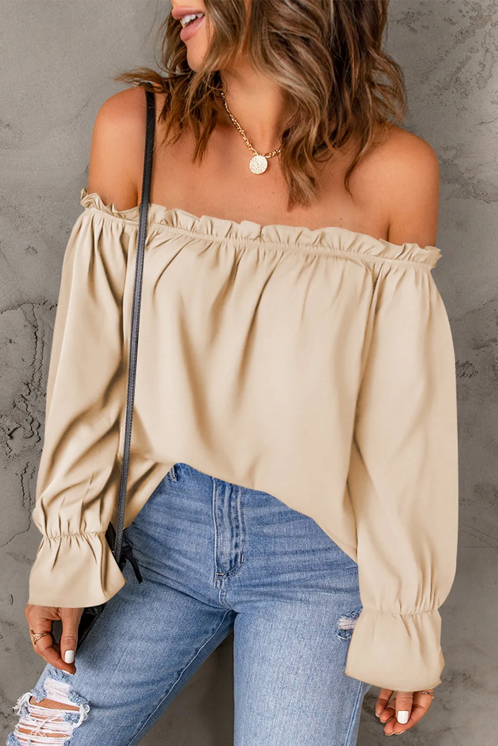 Frilled Off-shoulder Neckline Loose Blouse