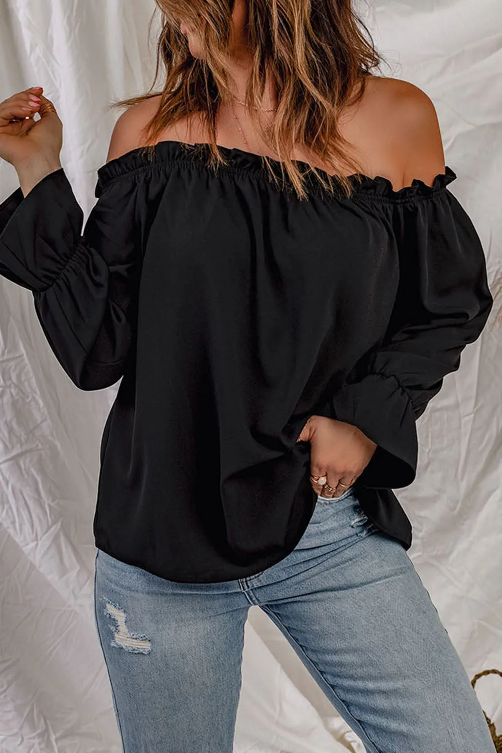 Frilled Off-shoulder Neckline Loose Blouse