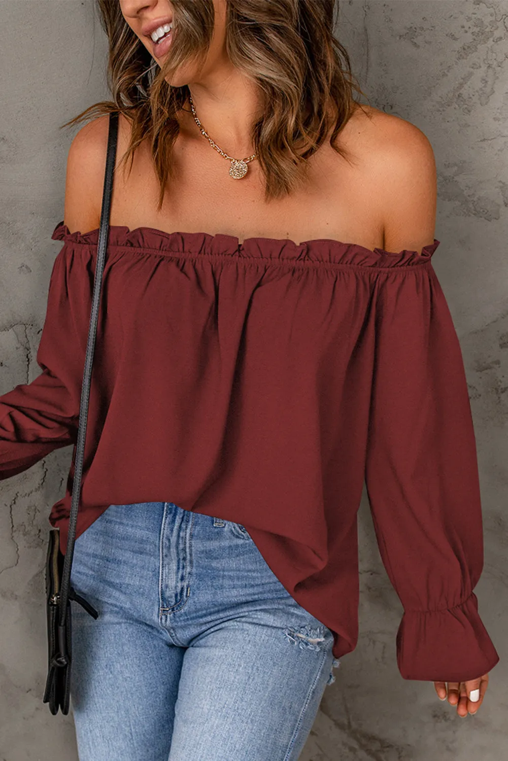 Frilled Off-shoulder Neckline Loose Blouse