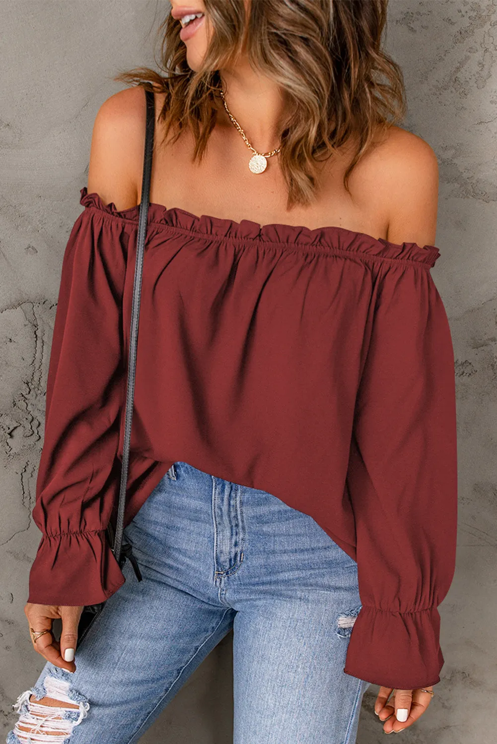 Frilled Off-shoulder Neckline Loose Blouse