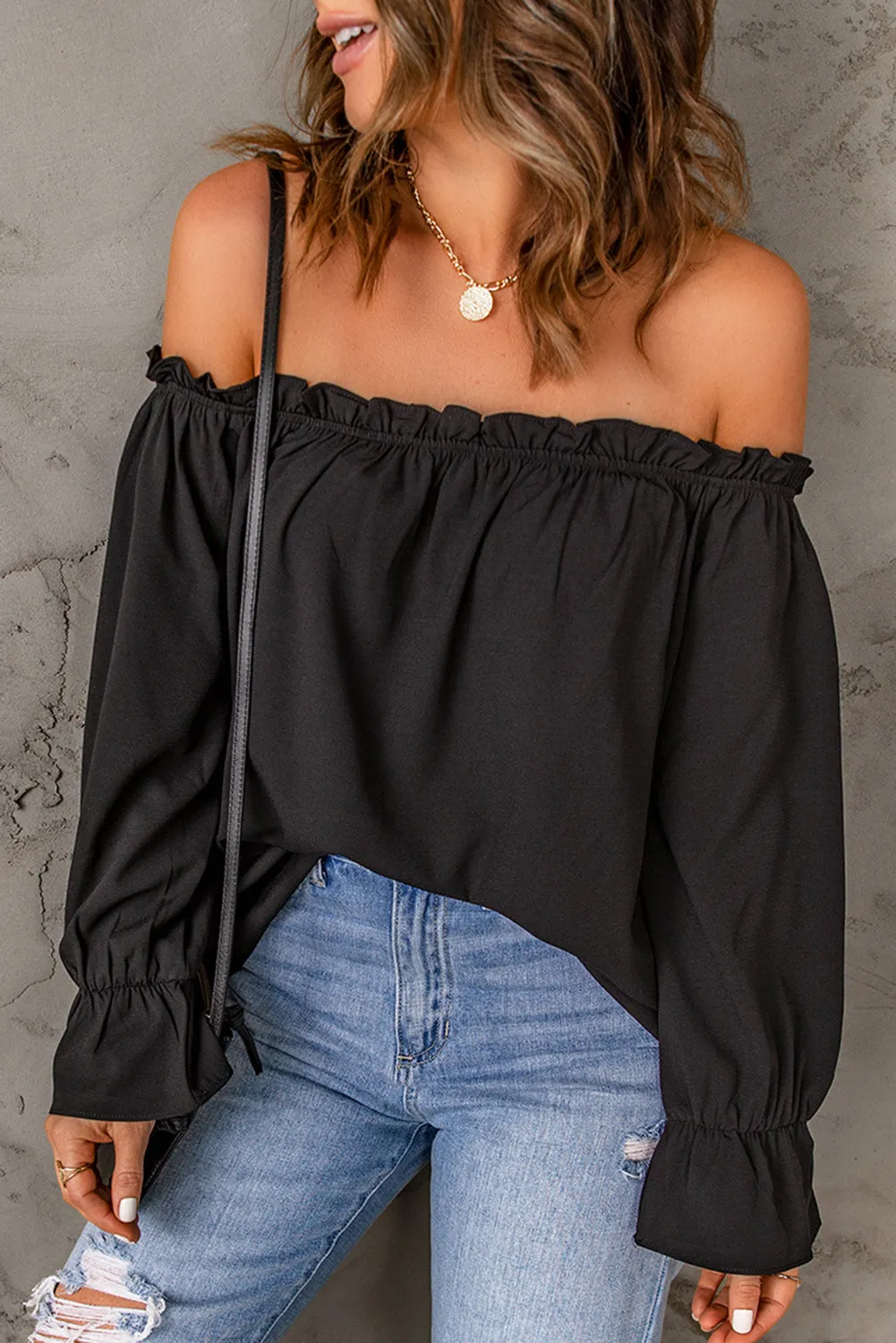 Frilled Off-shoulder Neckline Loose Blouse