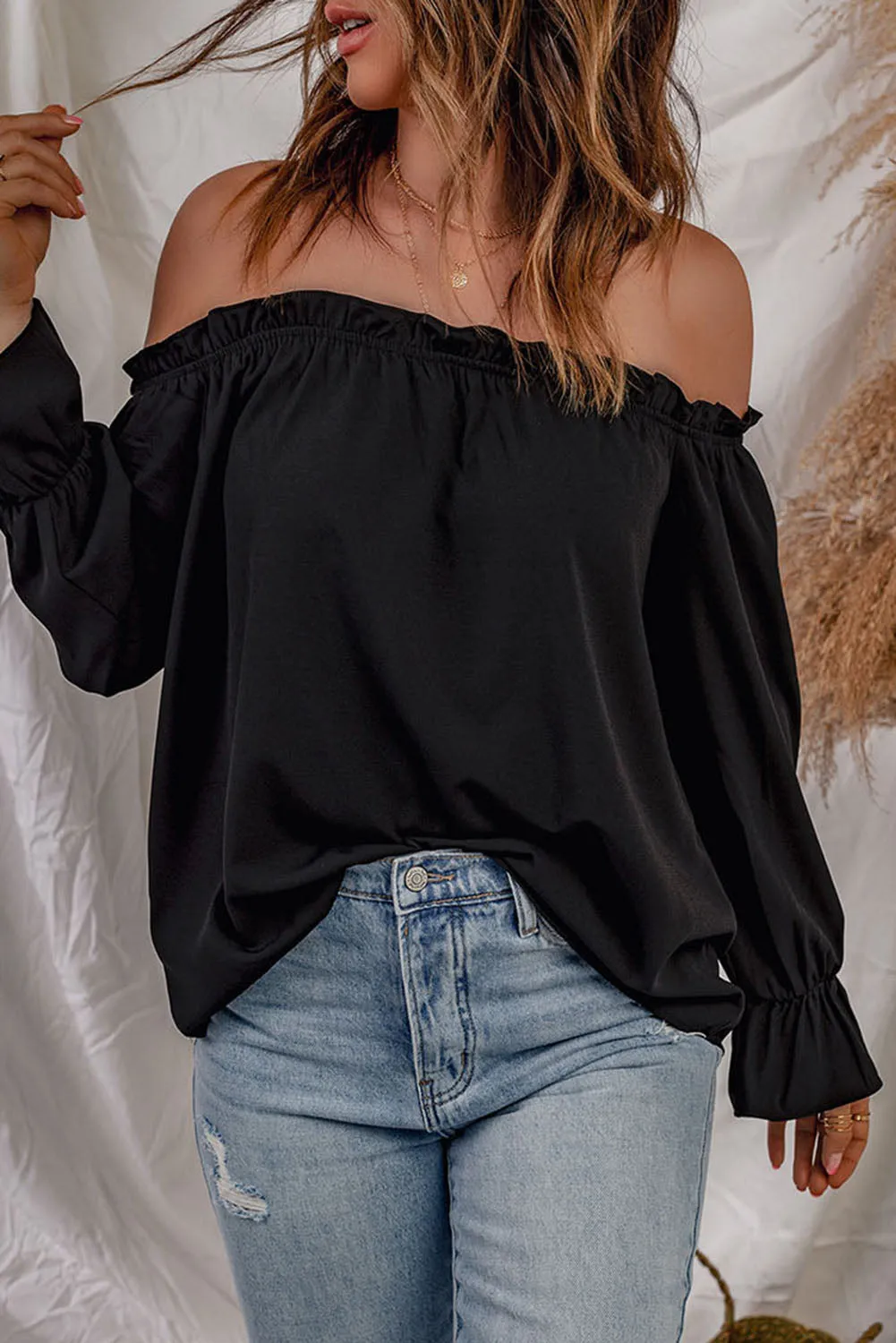 Frilled Off-shoulder Neckline Loose Blouse