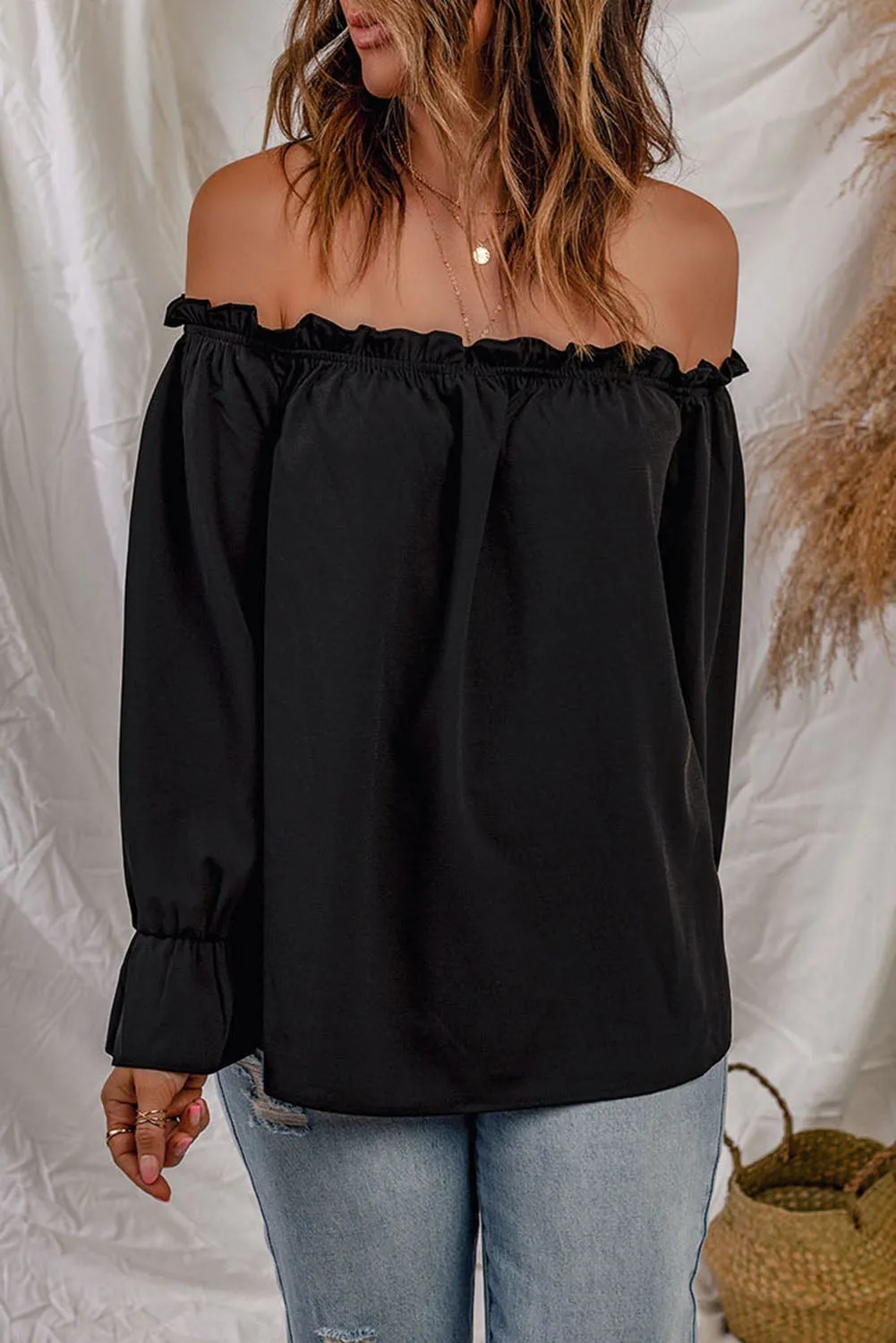 Frilled Off-shoulder Neckline Loose Blouse