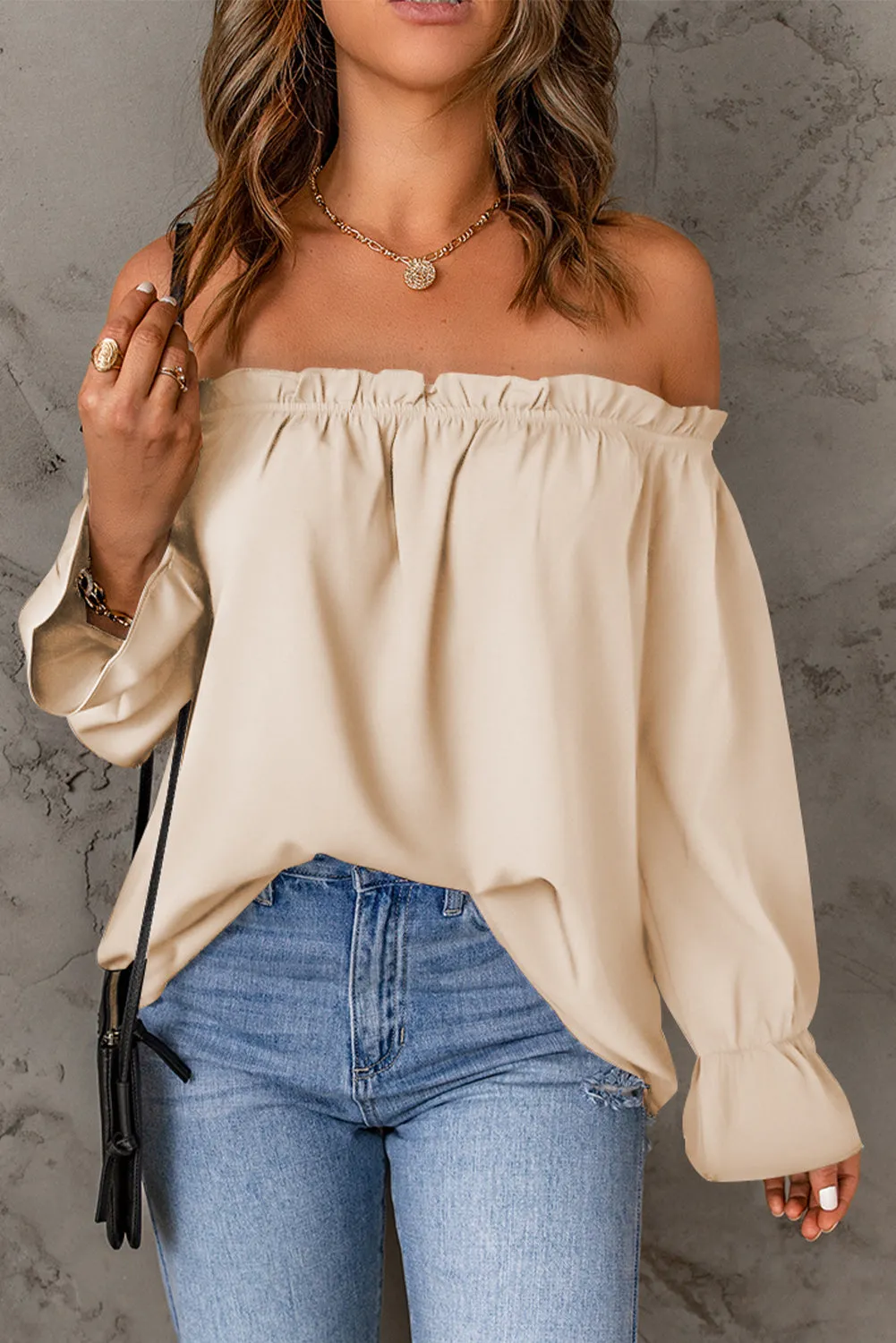 Frilled Off-shoulder Neckline Loose Blouse