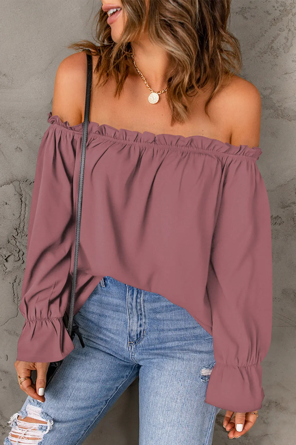 Frilled Off-shoulder Neckline Loose Blouse