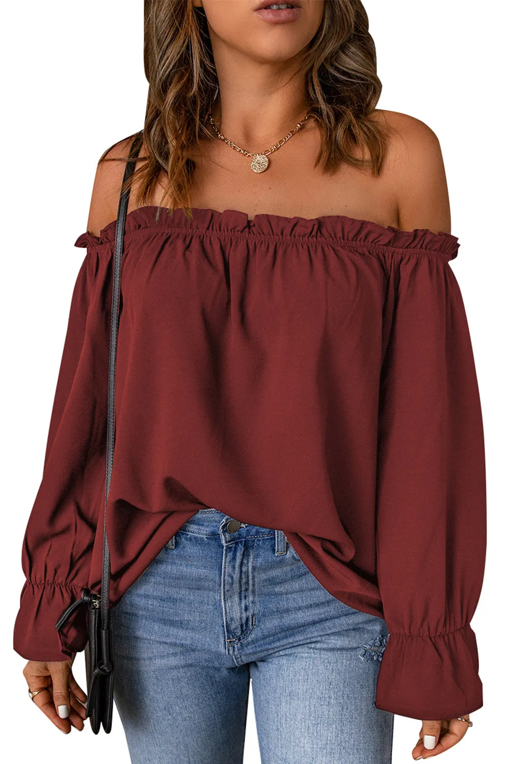 Frilled Off-shoulder Neckline Loose Blouse