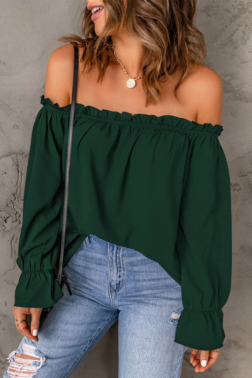 Frilled Off-shoulder Neckline Loose Blouse