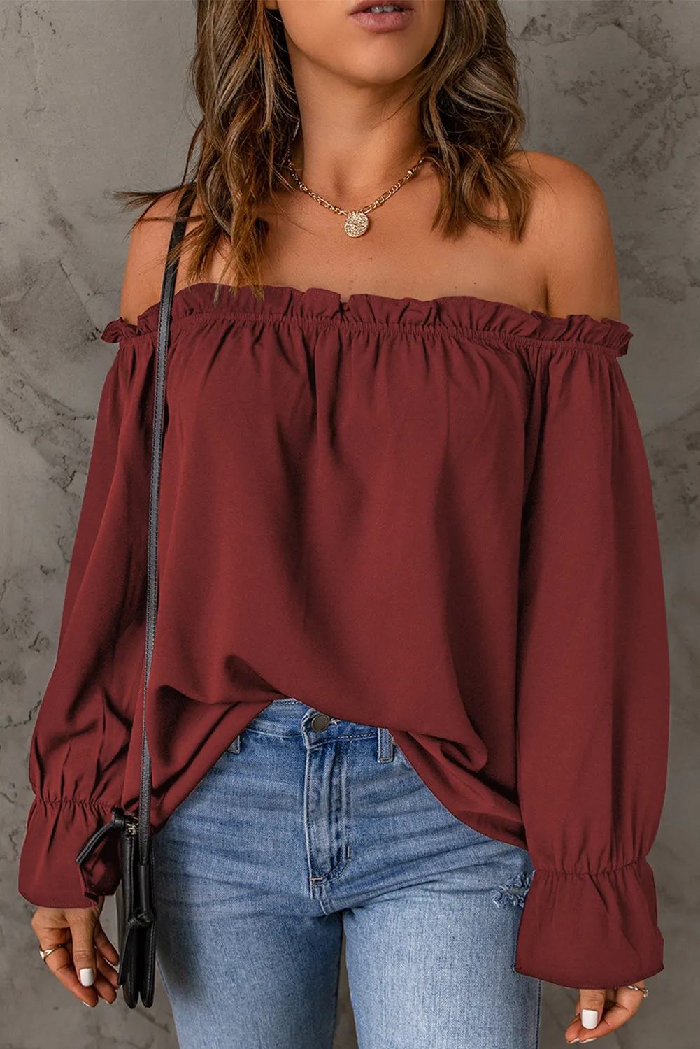 Frilled Off-shoulder Neckline Loose Blouse