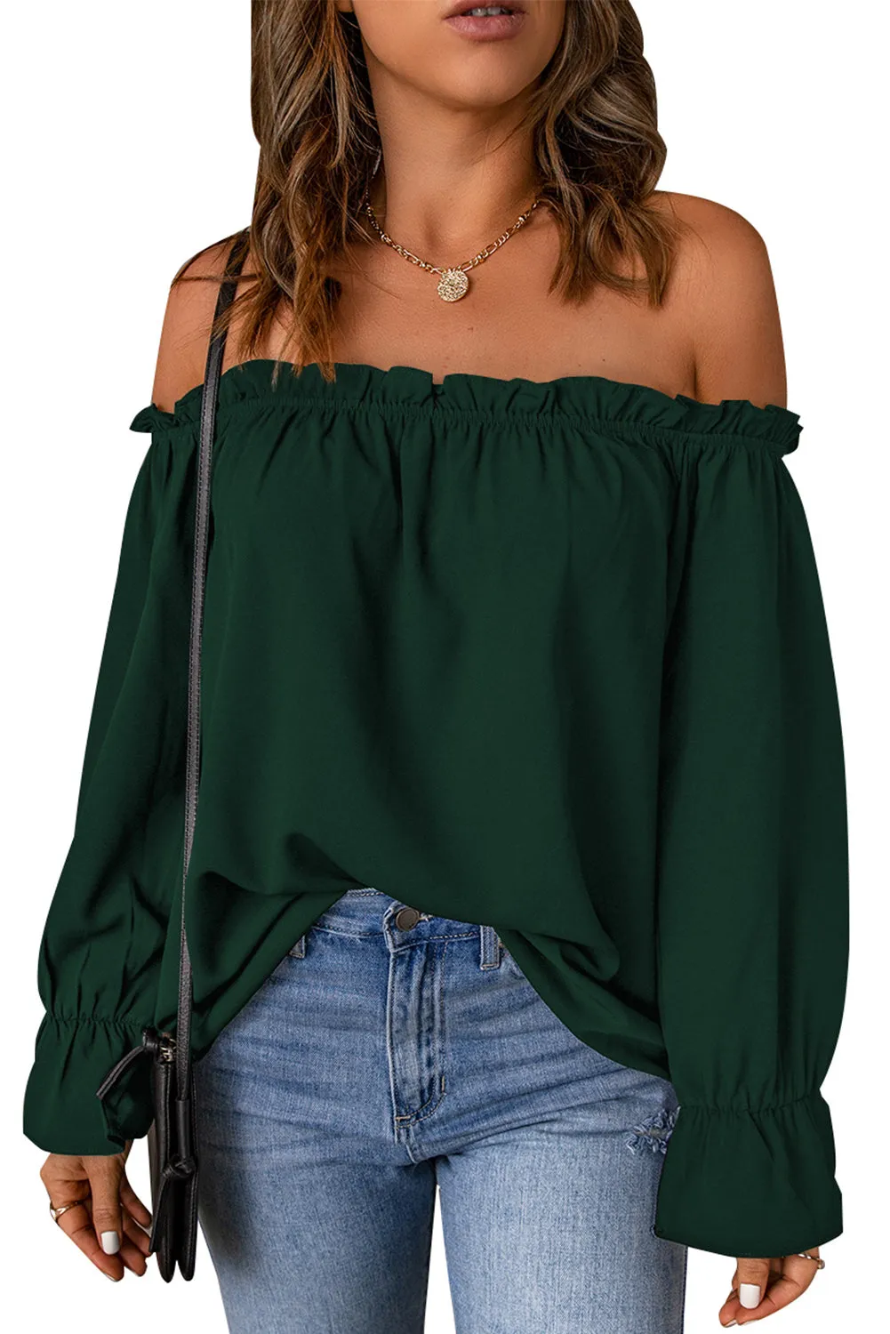 Frilled Off-shoulder Neckline Loose Blouse