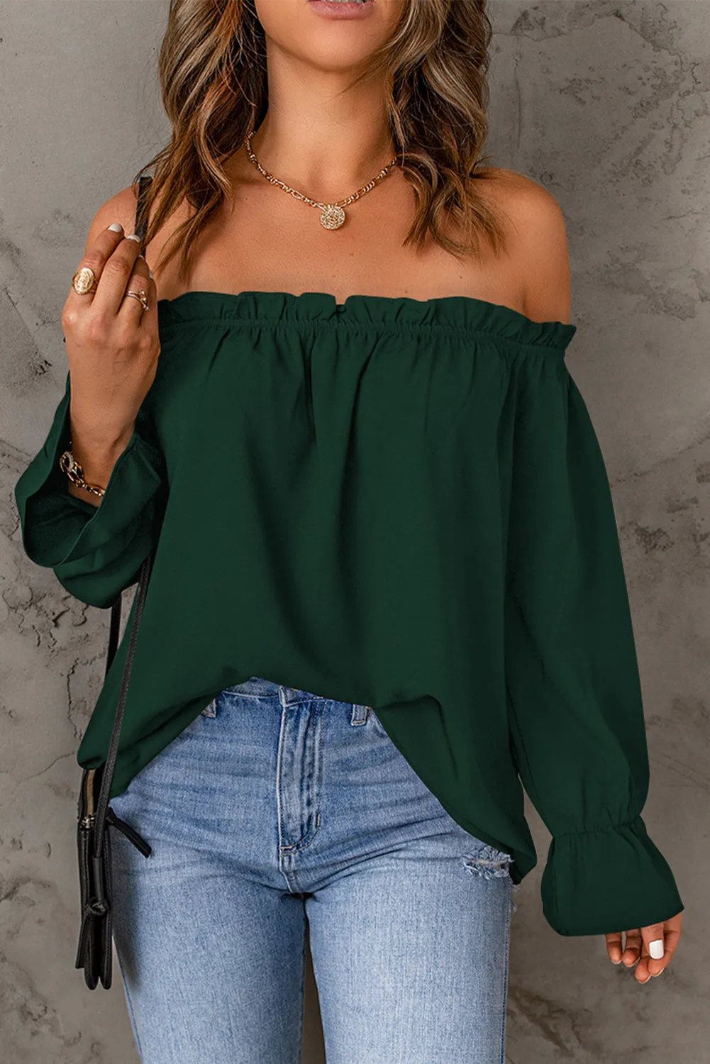 Frilled Off-shoulder Neckline Loose Blouse