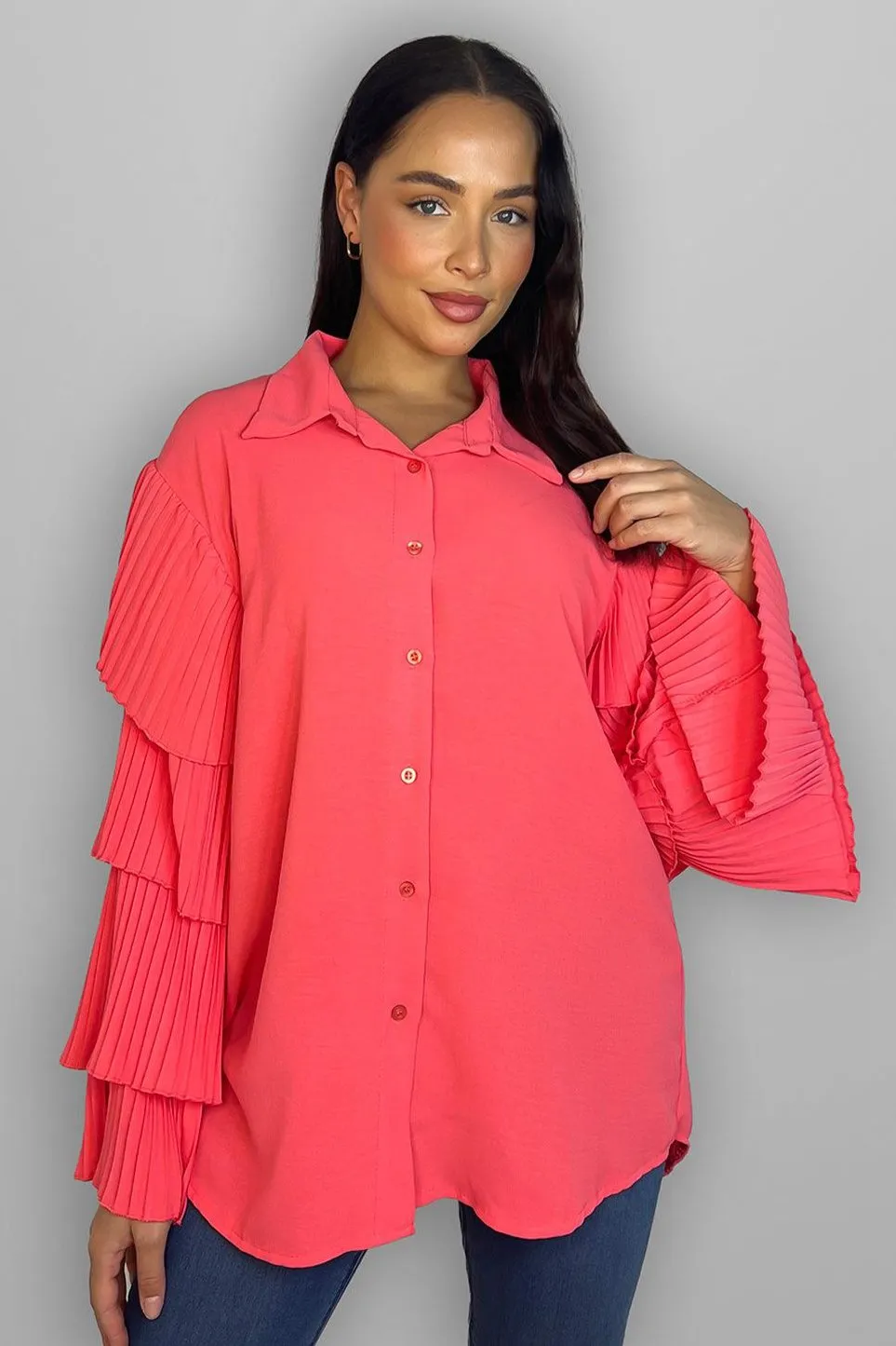 Frilled Sleeves Longline Shirt Blouse