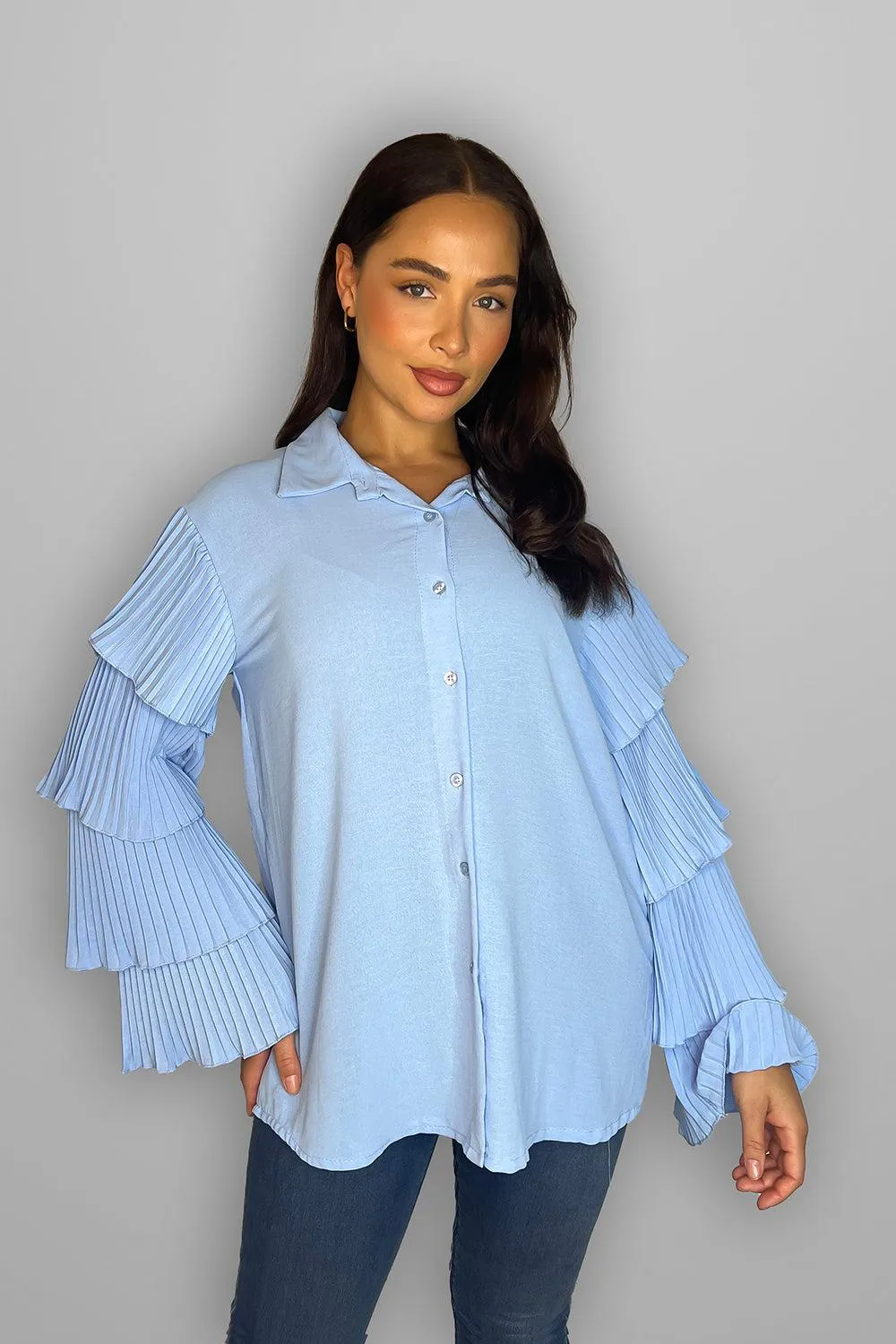 Frilled Sleeves Longline Shirt Blouse