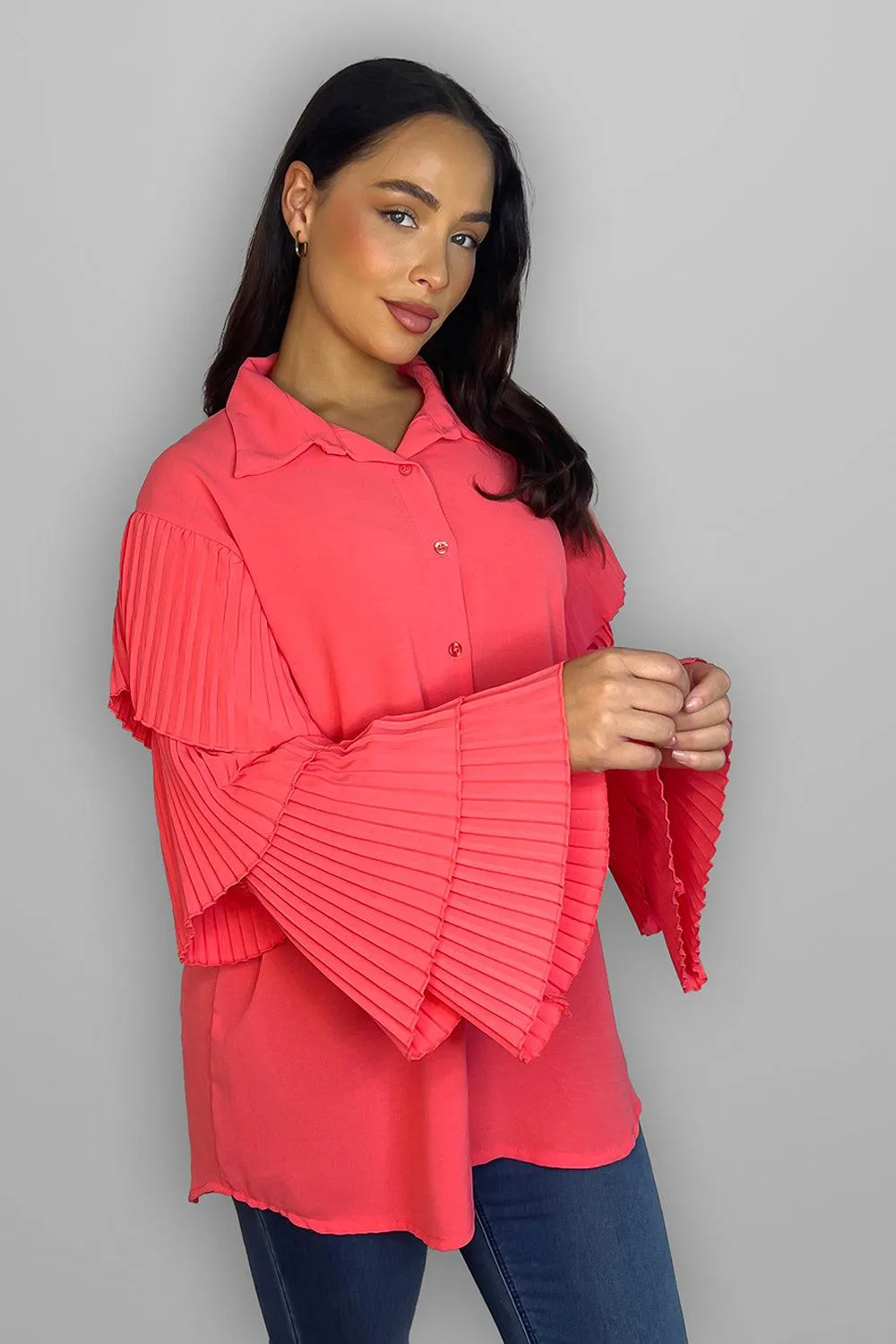 Frilled Sleeves Longline Shirt Blouse