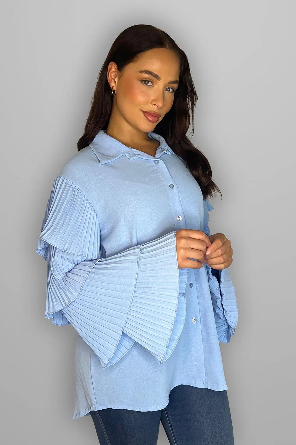 Frilled Sleeves Longline Shirt Blouse