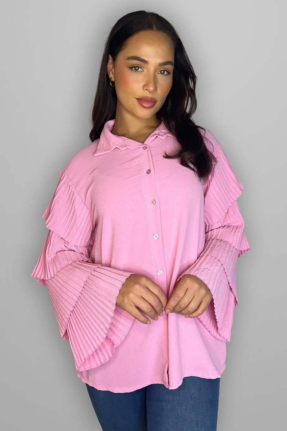 Frilled Sleeves Longline Shirt Blouse