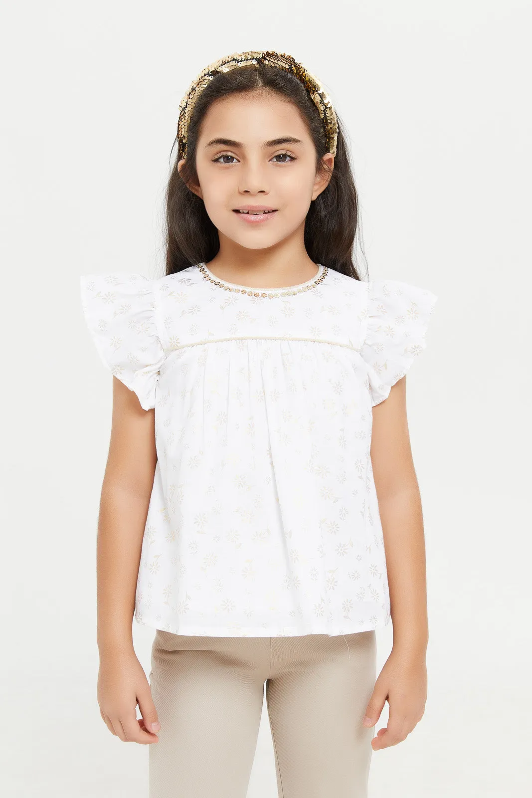 Girls White Printed Blouse Frilled Sleeves