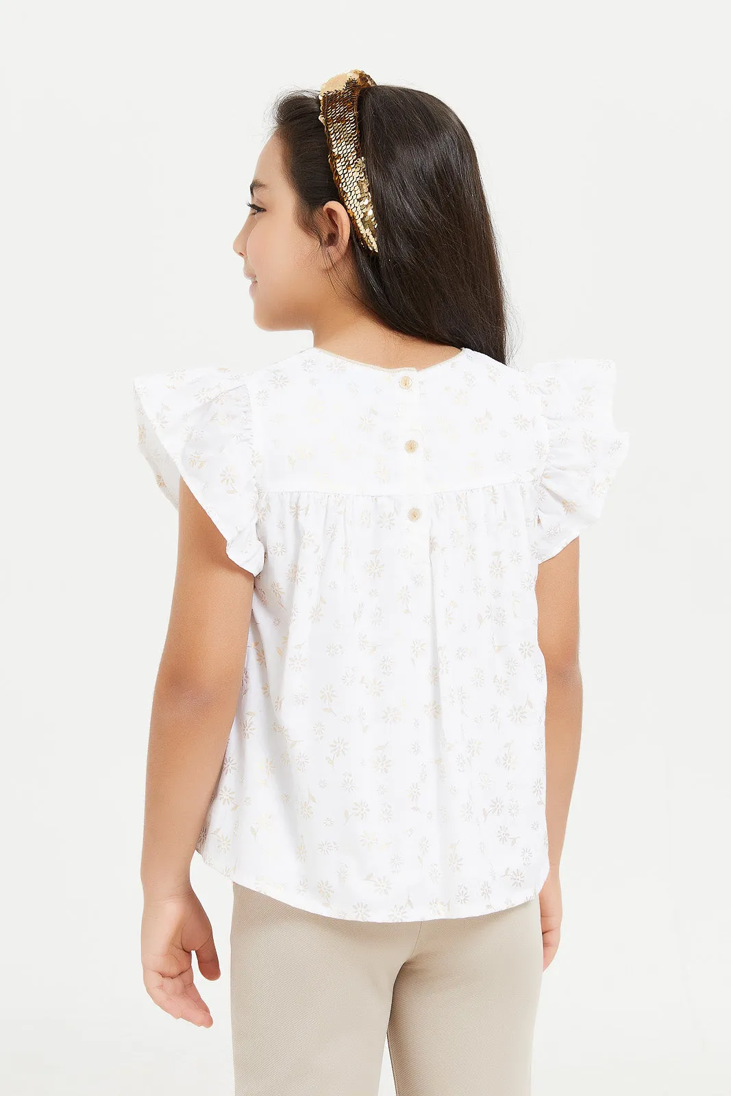 Girls White Printed Blouse Frilled Sleeves