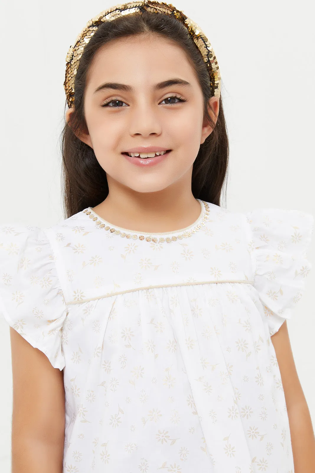 Girls White Printed Blouse Frilled Sleeves